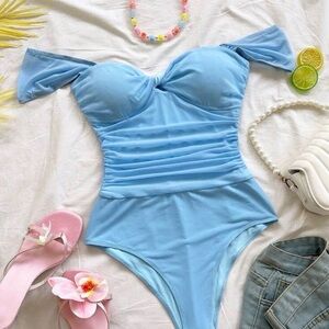 Light Blue Off-Shoulder One-Piece bodysuit